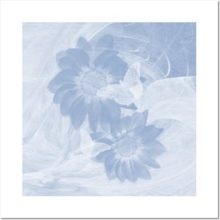 Delicate white butterflies and denim blue flowers in abstract fractal Posters and Art